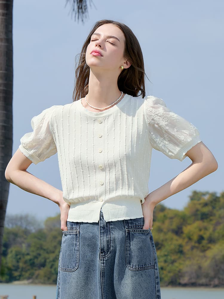 カットソー 立体編み パフスリーブカーディガン
