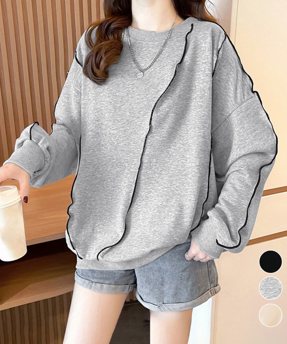 カットソー 配色ステッチ長袖ゆったりトレーナー