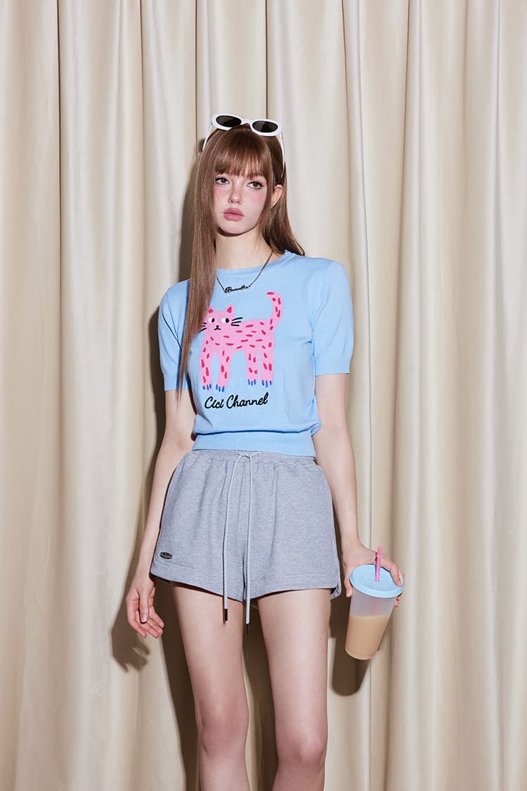 カットソー ねこ図柄ゆるふわ半袖Tシャツ