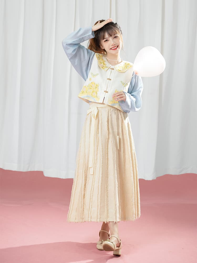 カットソー 花刺繍チャイナ風ショート丈カットソー