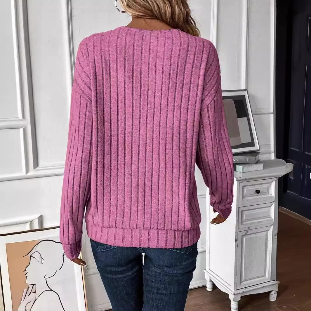 カットソー 縦リブ編みゆったりVネックプルオーバー