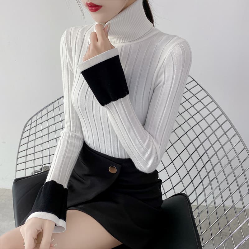 カットソー 配色切替リブ編みハイネックカットソー