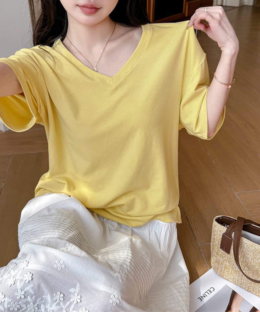 カットソー ゆったりVネック半袖Tシャツ レディース体型カバー