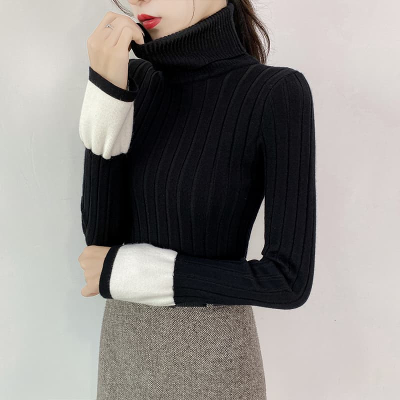 カットソー 配色切替リブ編みハイネックカットソー