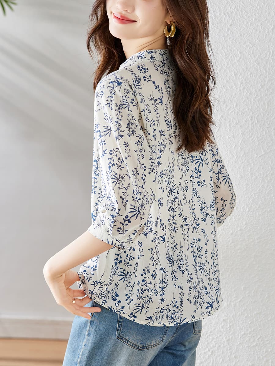カットソー 草花模様 スキッパー半袖ブラウス