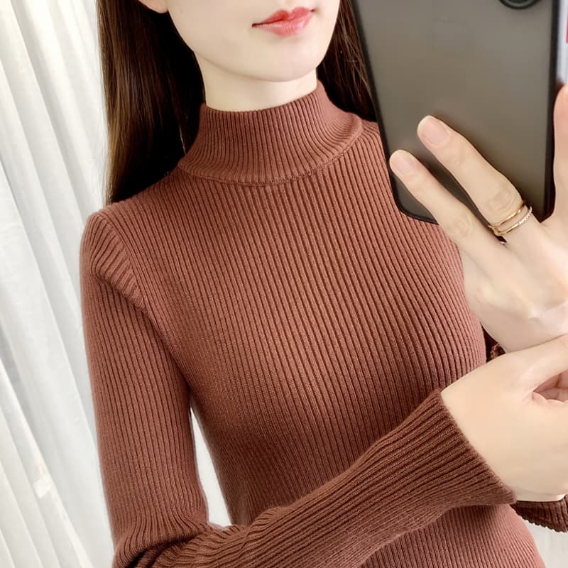 カットソー リブ編みハイネック長袖カットソー