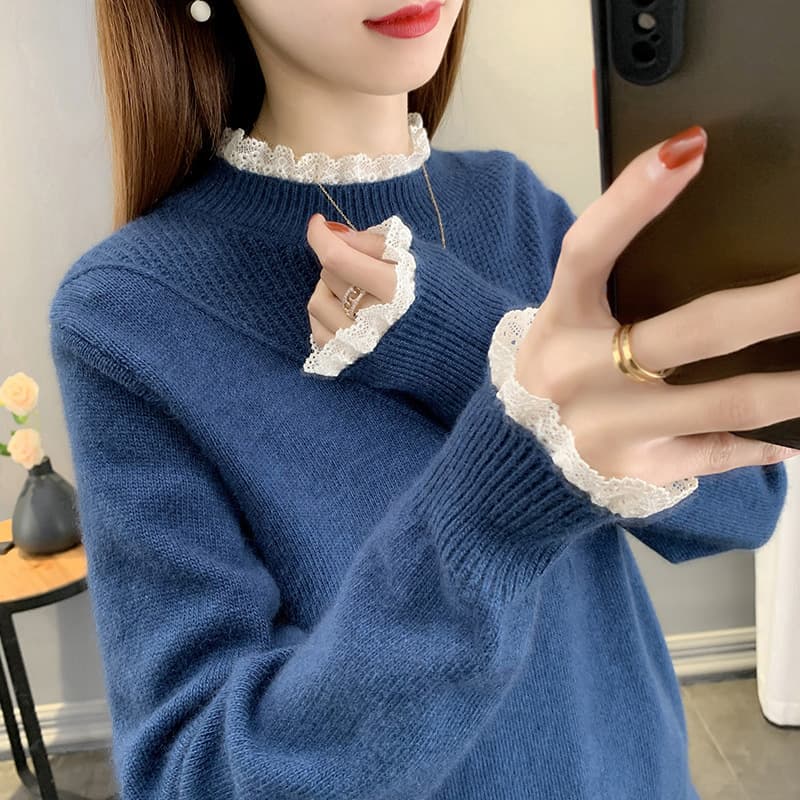 カットソー レース襟付きハイネックニットカットソー