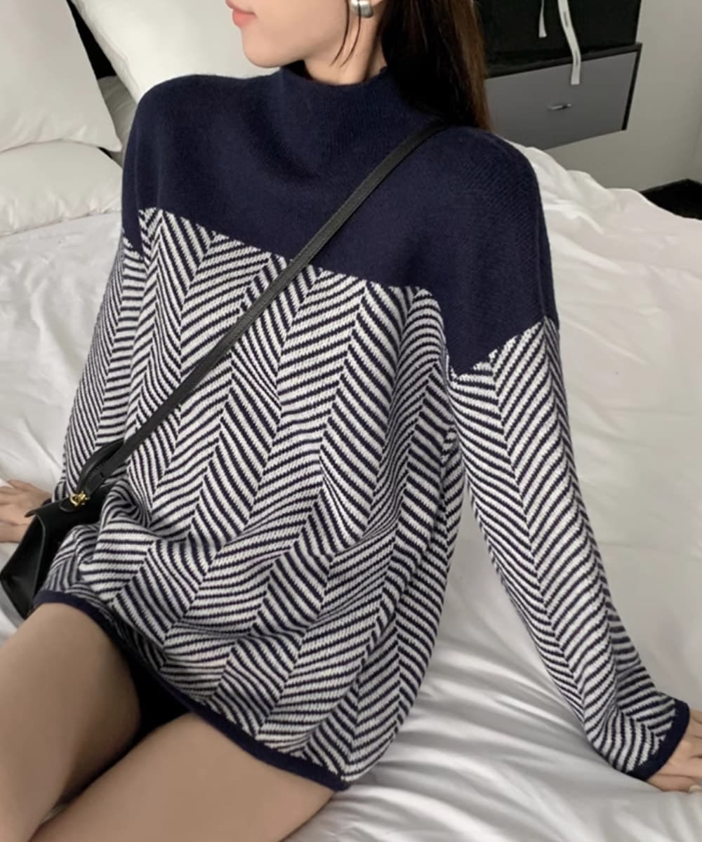 カットソー 幾何学模様ハイネックニットセーター配色デザイン秋冬