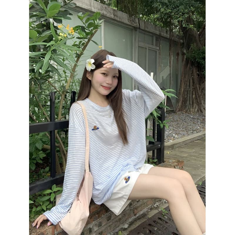 カットソー ゆったりワンポイント刺繍ボーダー長袖