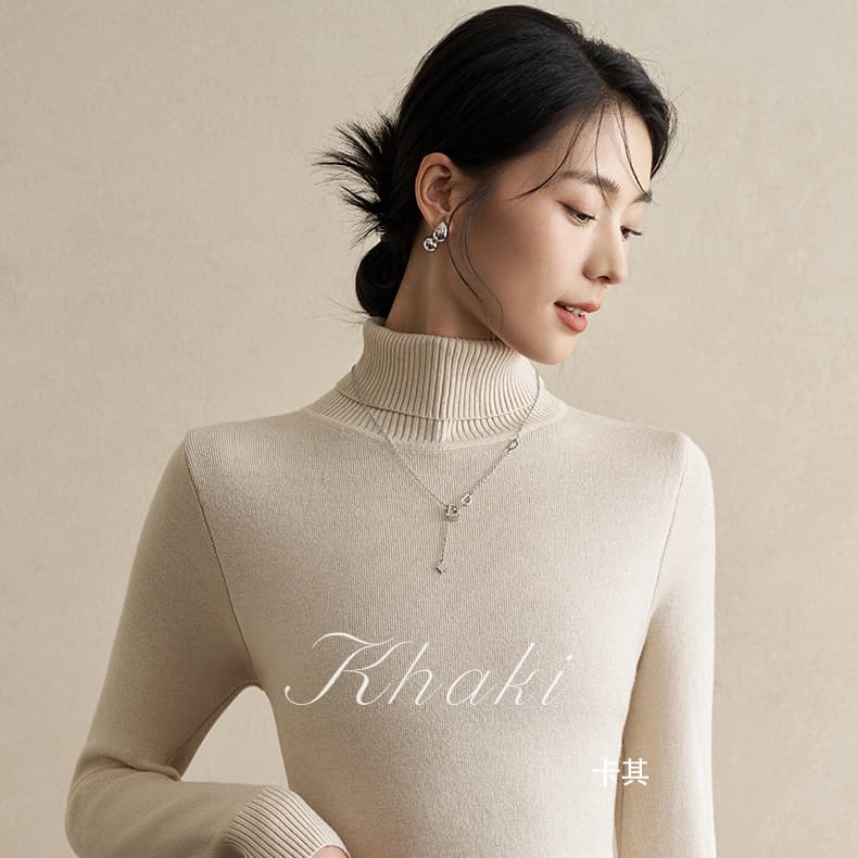 カットソー リブ編み長袖ハイネック無地カットソー