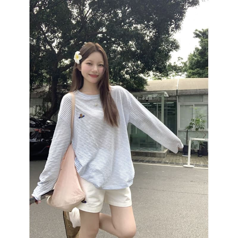 カットソー ゆったりワンポイント刺繍ボーダー長袖