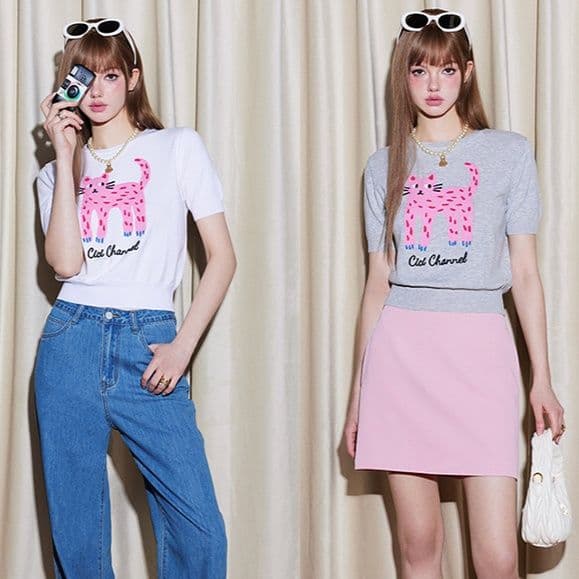 カットソー ねこ図柄ゆるふわ半袖Tシャツ