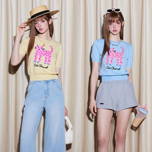 カットソー ねこ図柄ゆるふわ半袖Tシャツ