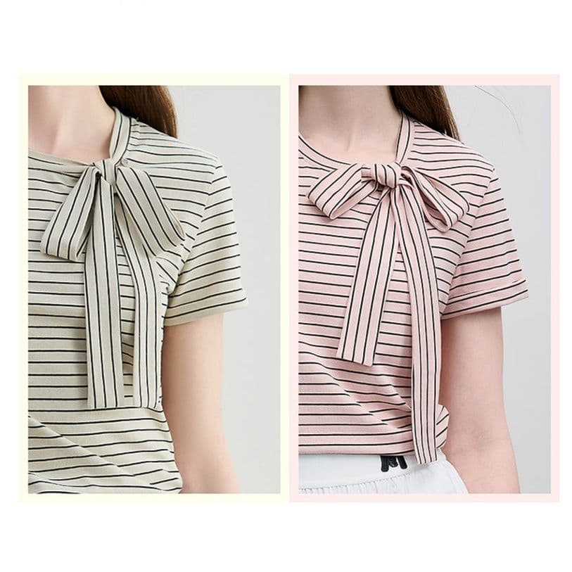 カットソー リボン結び横ボーダー半袖