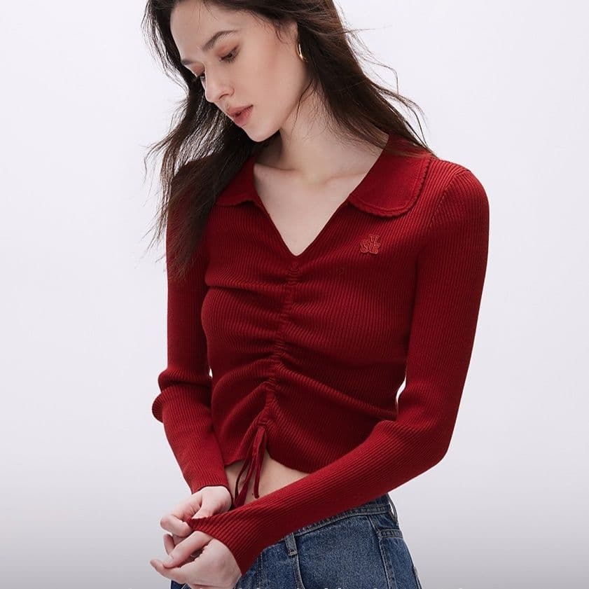 カットソー 優美リブ編み絞りデザインVネック