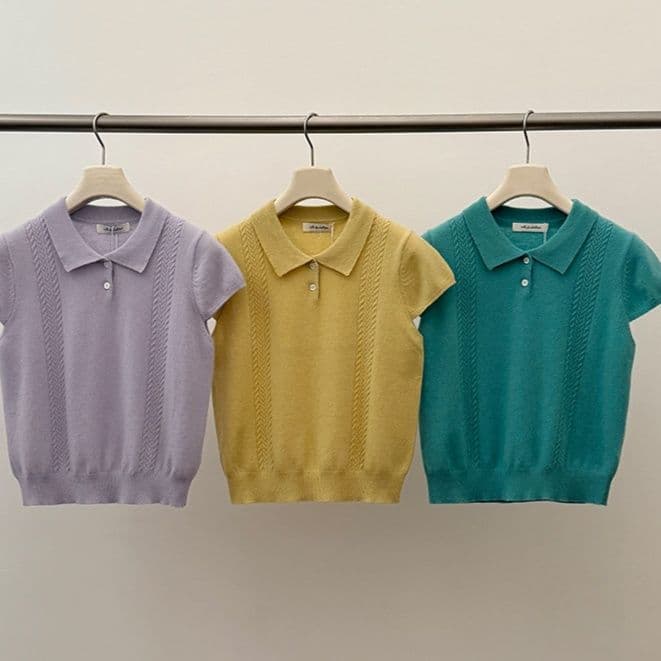 カットソー 上質編み模様ポロニットプルオーバー