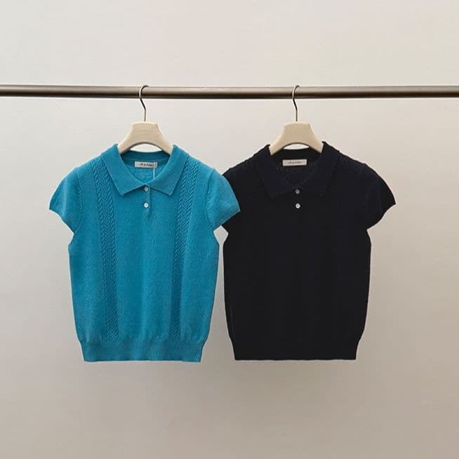 カットソー 上質編み模様ポロニットプルオーバー