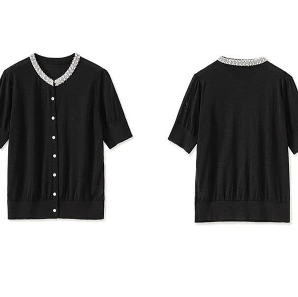カットソー ビジュー襟付き上品カーディガン
