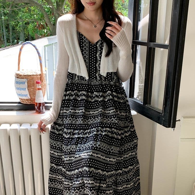 カットソー リブ編み七分袖ショート丈カーディガン