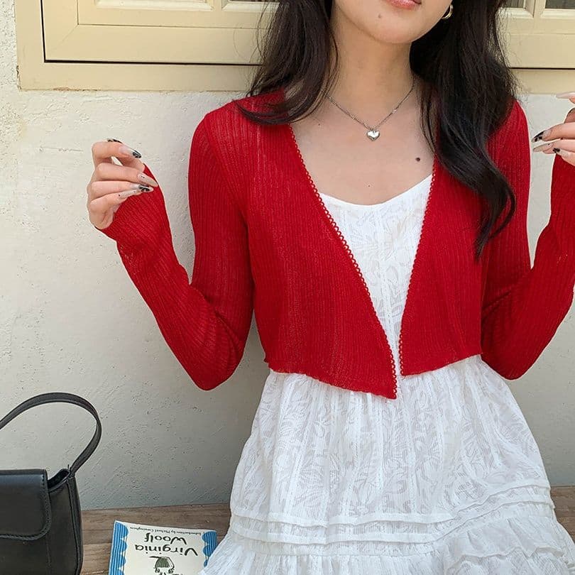 カットソー リブ編み七分袖ショート丈カーディガン