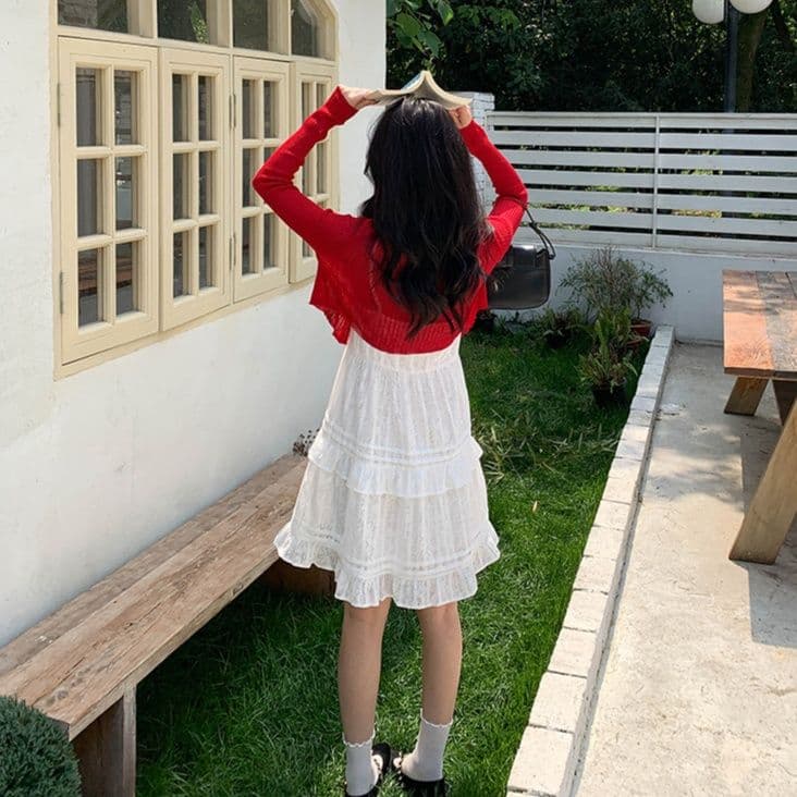 カットソー リブ編み七分袖ショート丈カーディガン