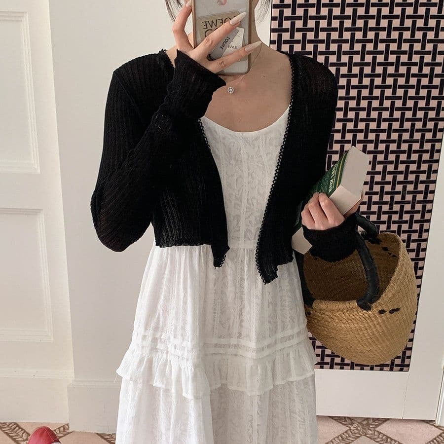 カットソー リブ編み七分袖ショート丈カーディガン