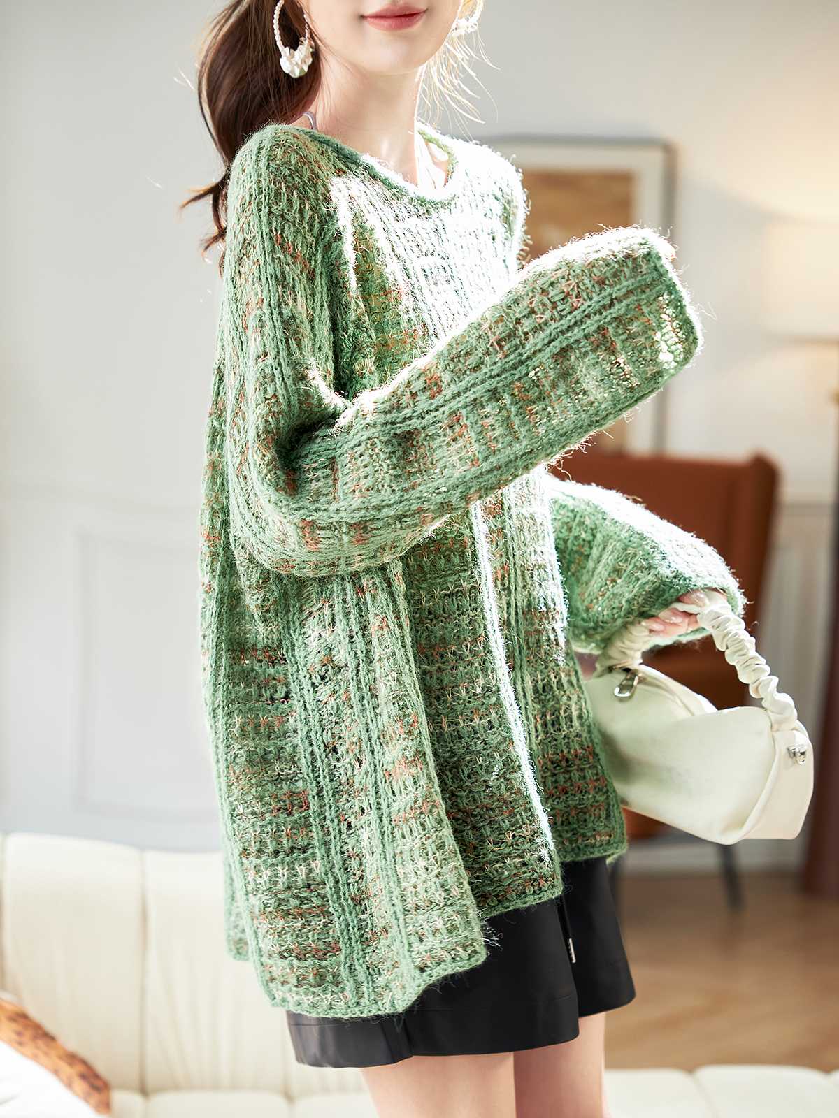 カットソー ふわもこ編み上げゆったりプルオーバー