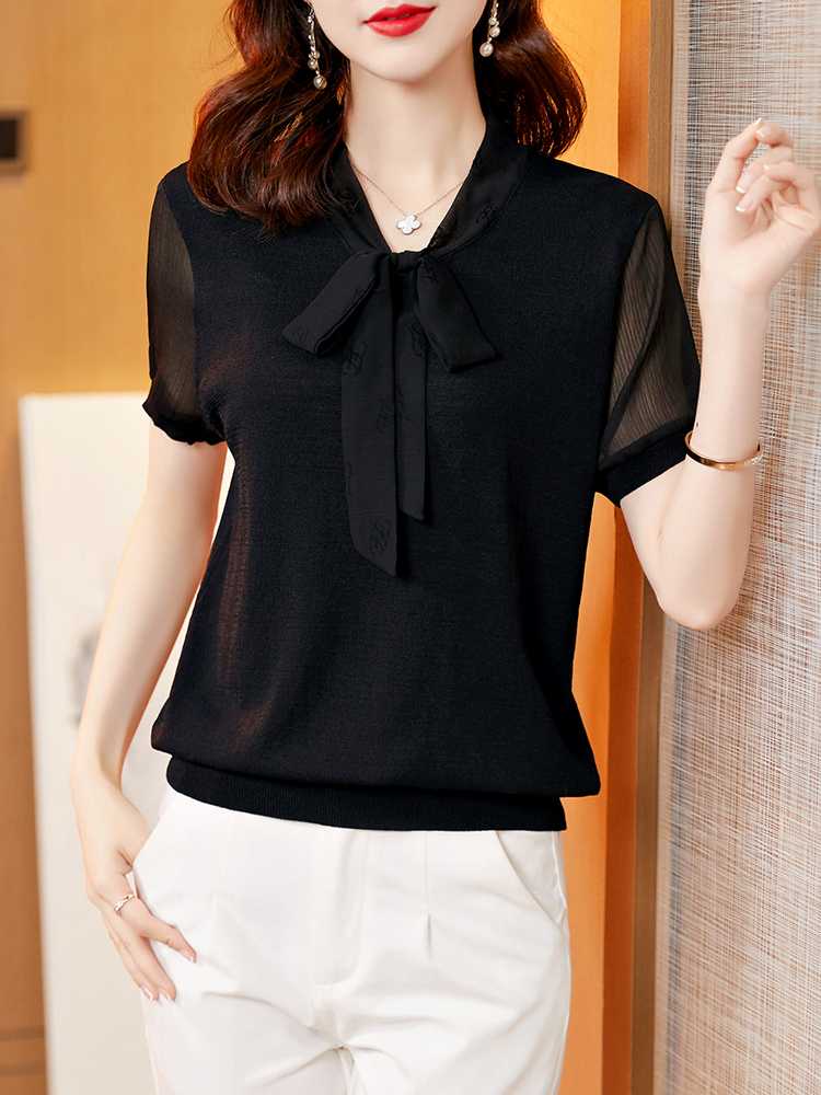 カットソー リボン結び上品シフォン切替カットソー