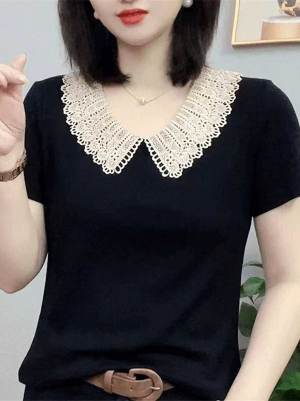 カットソー 優美レース襟付きカットソー