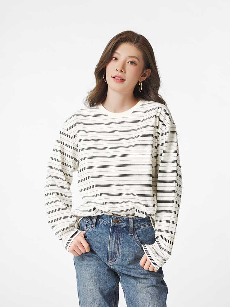カットソー 細ボーダーゆったり長袖カットソー
