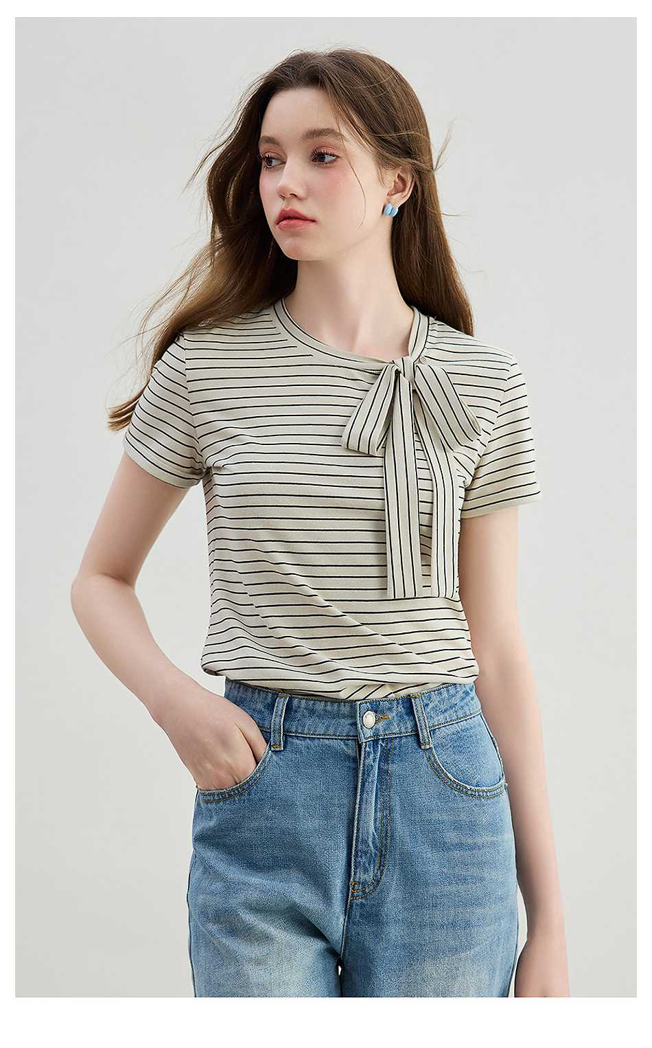 カットソー リボン結び横ボーダー半袖