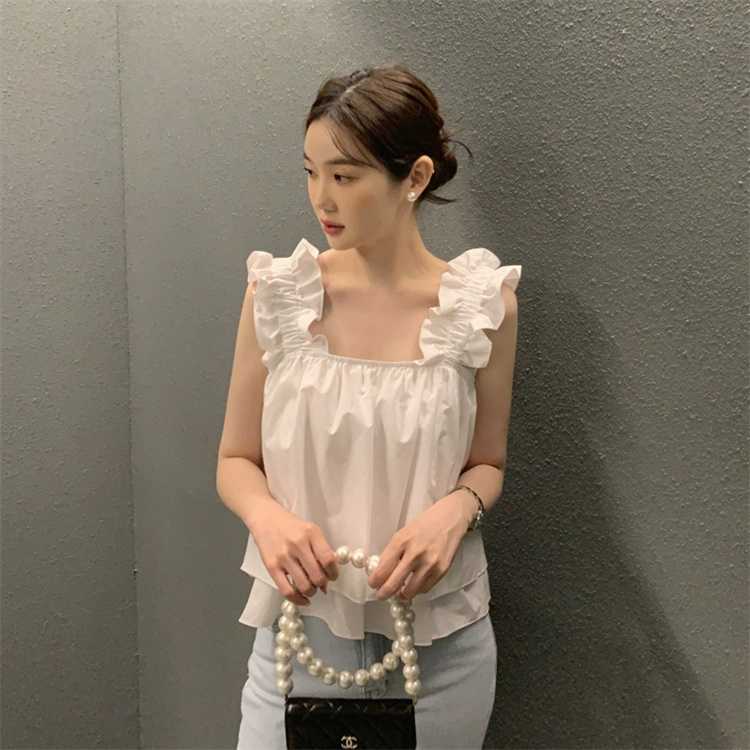 カットソー フリル肩飾り ボートネック ノースリーブトップス