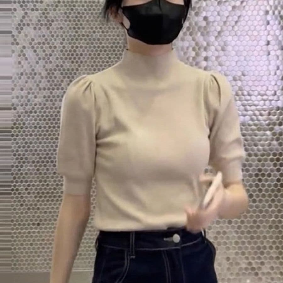 カットソー ハイネック立体感パフスリーブ半袖