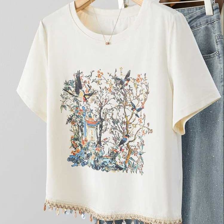 カットソー 花鳥画プリント裾飾り半袖