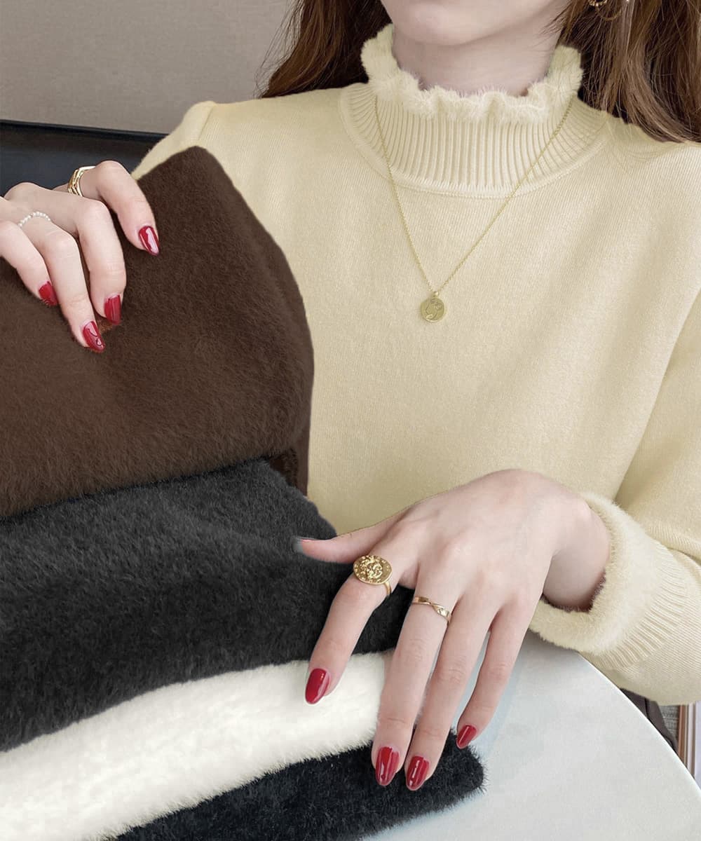 カットソー 裏起毛メロウ編みハイネックニットトップス