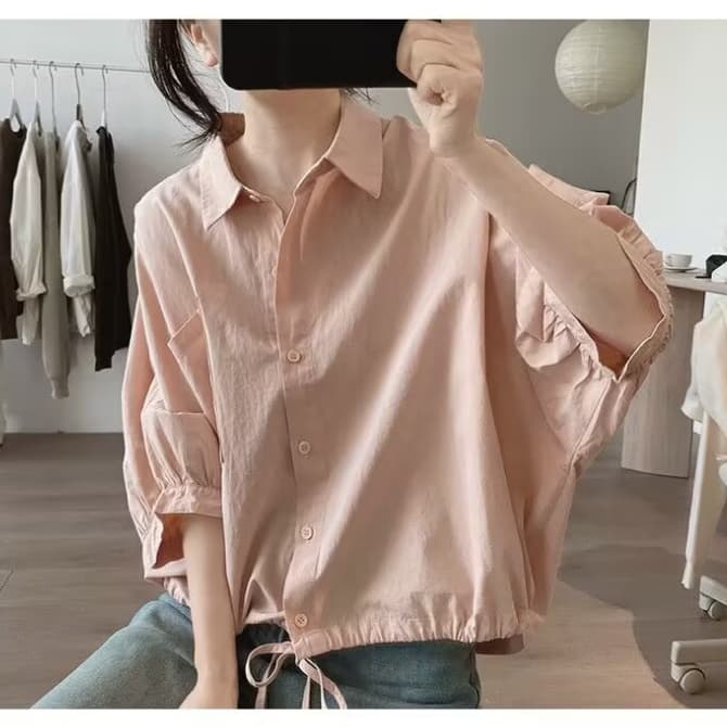 カットソー 女性用長袖シャツブラウス体型カバー着痩せ裾紐デザイン