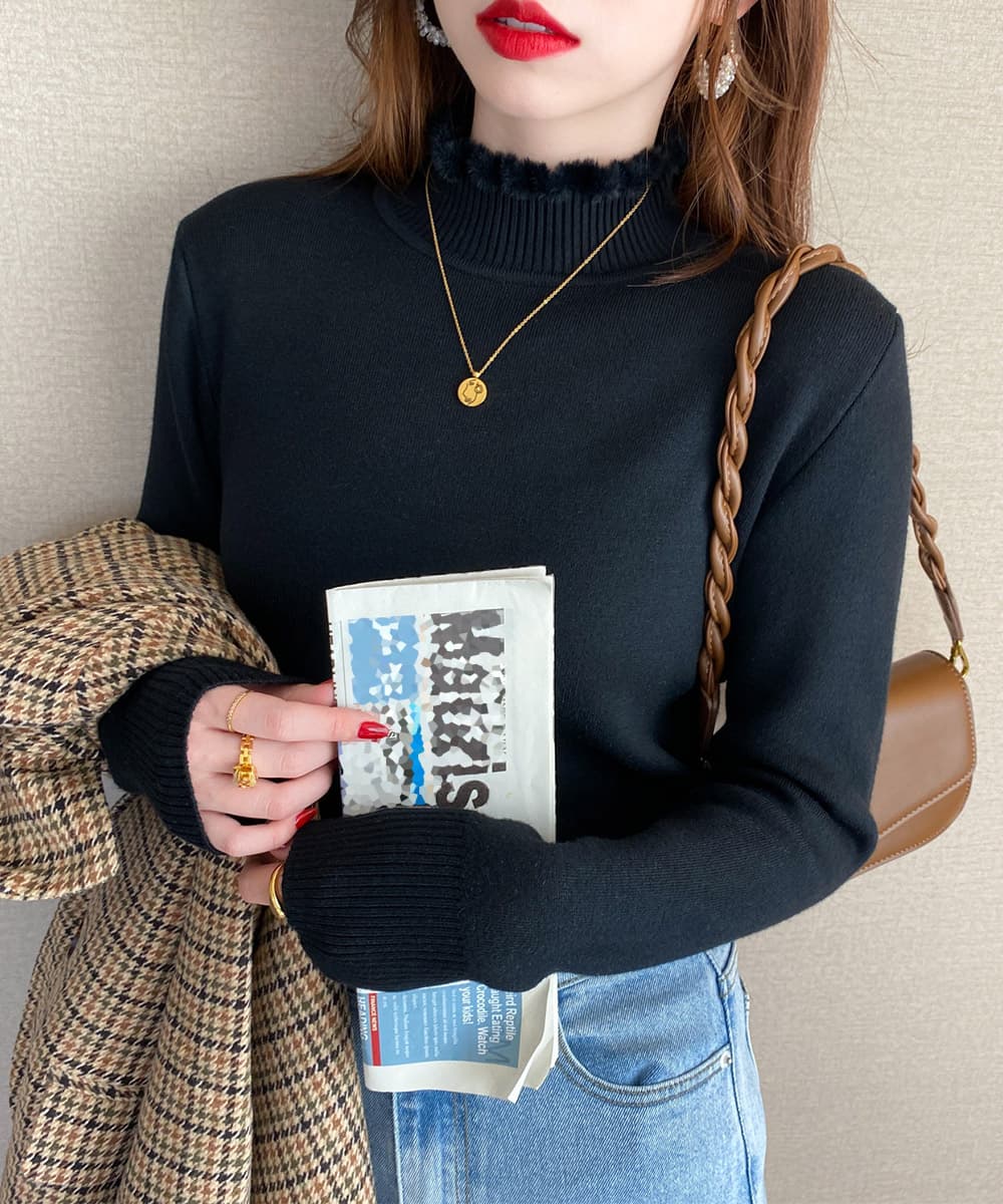 カットソー 裏起毛メロウ編みハイネックニットトップス