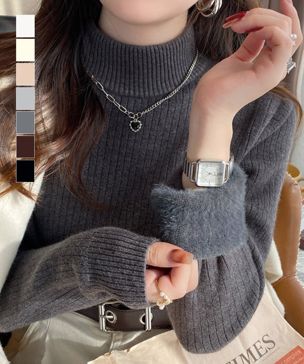 カットソー 裏起毛ハイネックニット 厚手リブ編み長袖