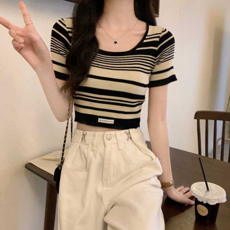 カットソー 優美ボーダー切り替えショート丈七分丈