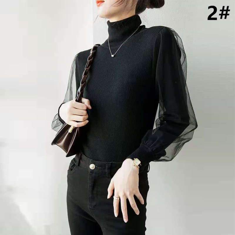 カットソー 秋冬新作 ハイネック ニットトップス チュール袖 長袖 セーター