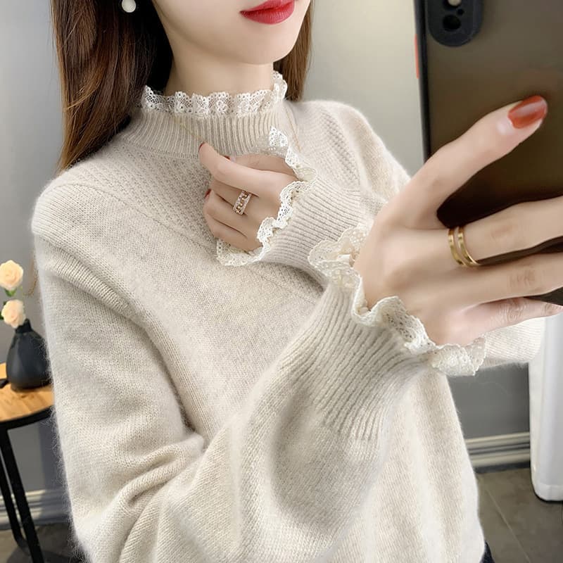 カットソー レース襟付きハイネックニットカットソー