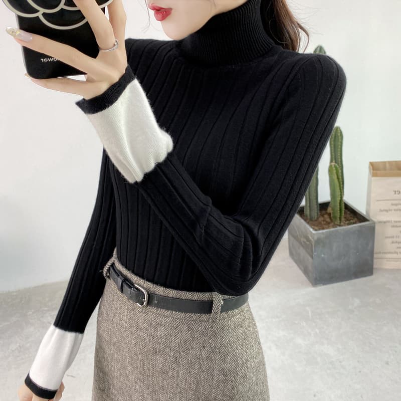 カットソー 配色切替リブ編みハイネックカットソー