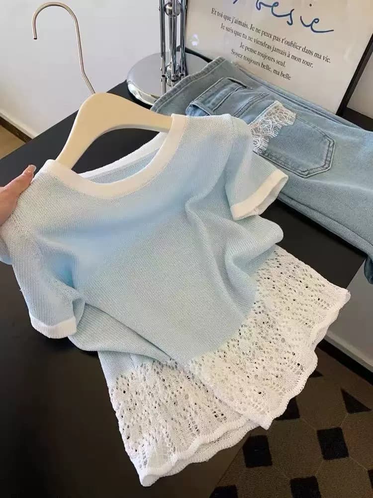 カットソー さわやか透かし編み半袖カットソー