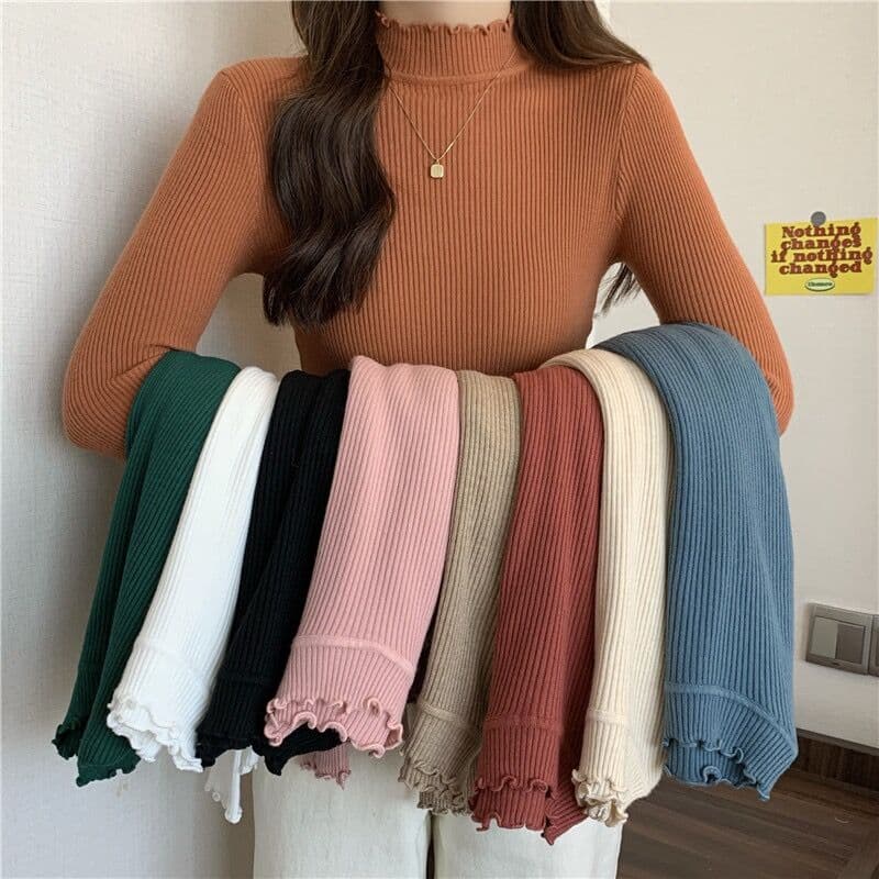 カットソー リブ編み袖口フリル モックネックカットソー