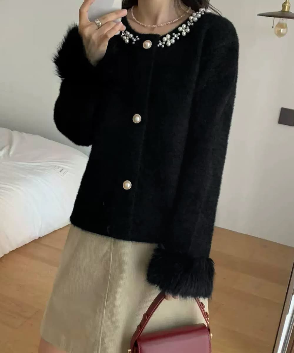 カットソー 長袖パール付きふわふわニットカーディガン