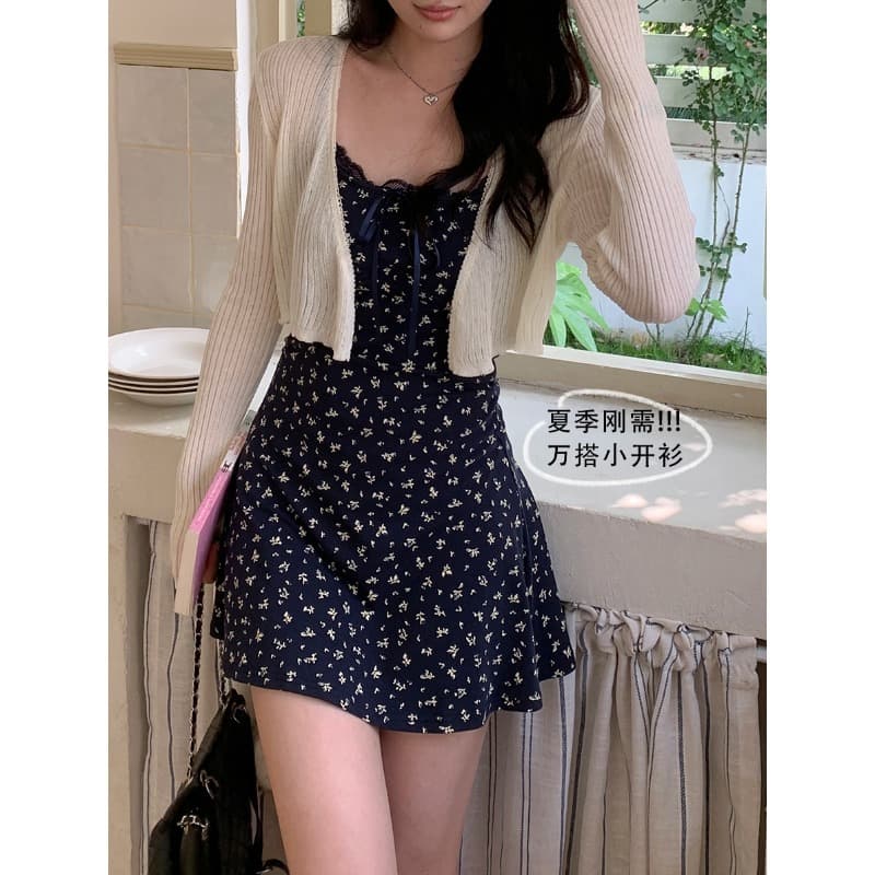 カットソー リブ編み七分袖ショート丈カーディガン