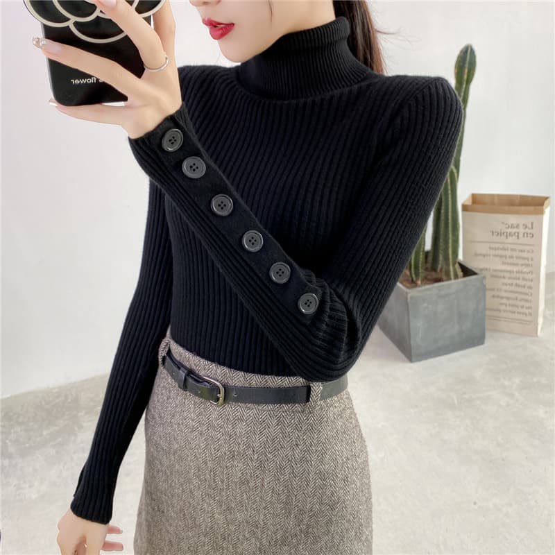 カットソー 斜めボタンデザインリブ編みハイネックカットソー