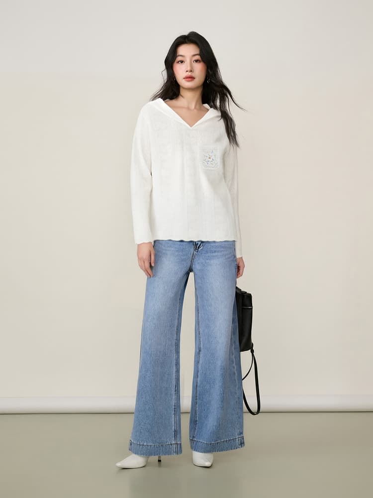 カットソー 花モチーフ付き優しい肌触りVネック