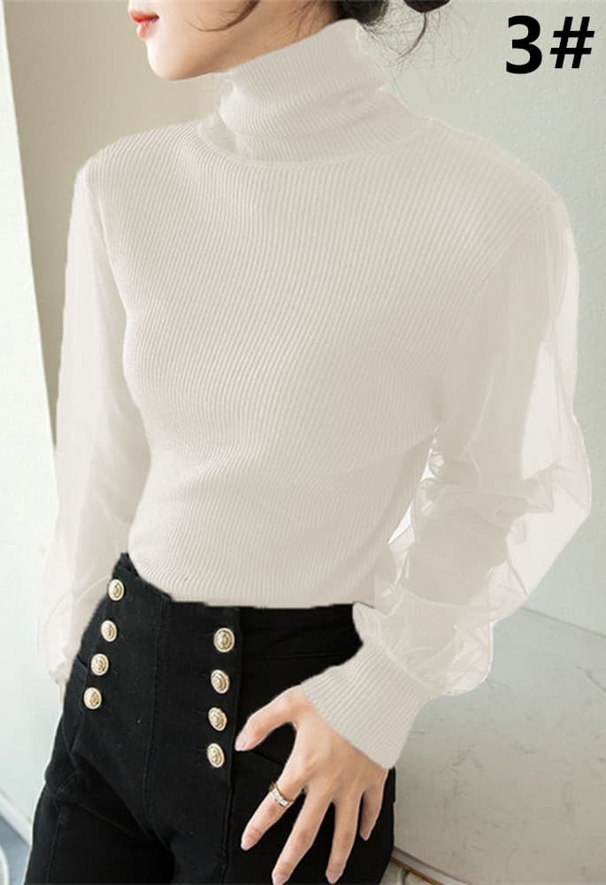 カットソー 秋冬新作 ハイネック ニットトップス チュール袖 長袖 セーター
