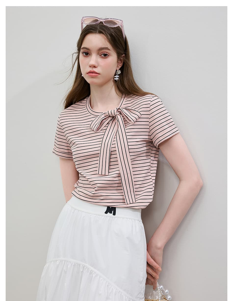 カットソー リボン結び横ボーダー半袖